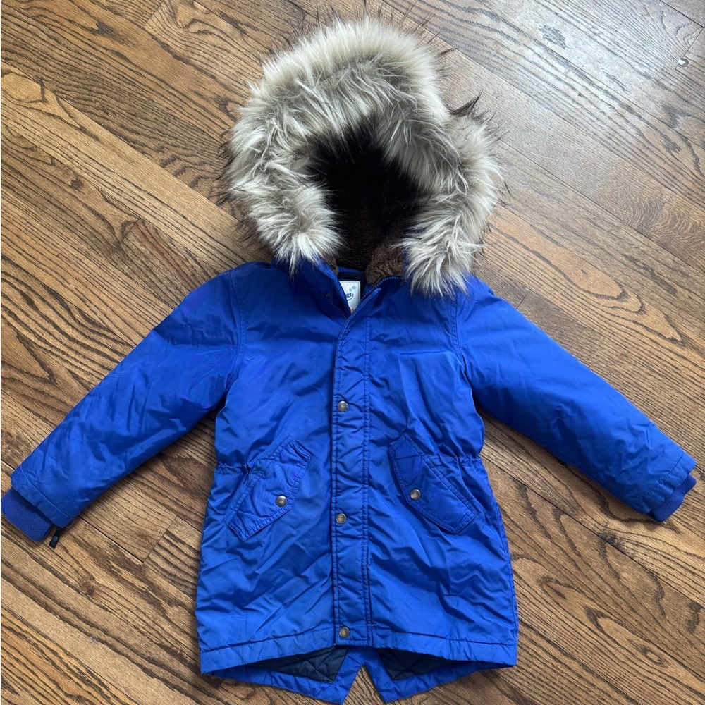 J.Crew Kids Blue Hooded Parka Coat with Faux Fur Lining, Size S, Primaloft